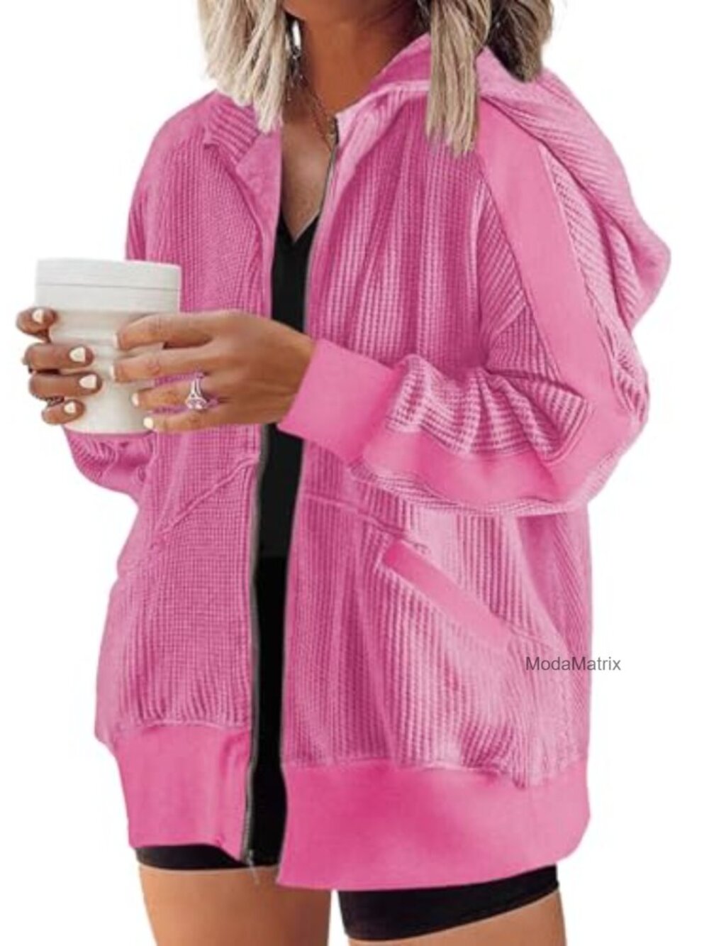 Plus Size Waffle Knit Zip Up Hoodie Oversized Sweatshirt